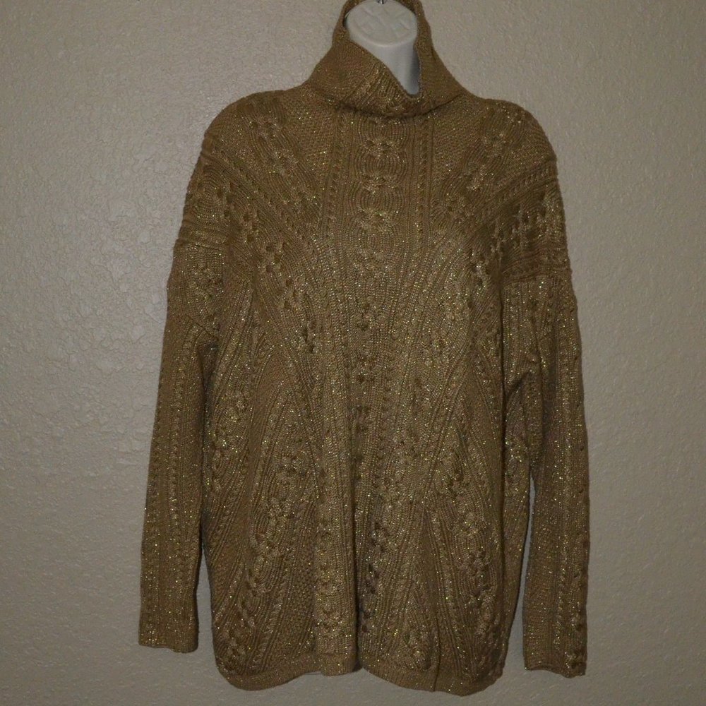 Sz L Ralph Lauren Brown Metallic Turtleneck Cableknit Sweater